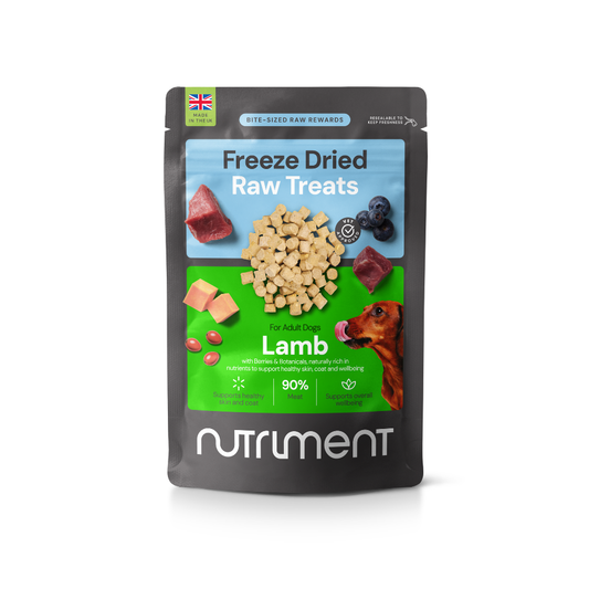 Freeze Dried Treats - Lamb 30g for adult dogs, with images of treats and ingredients on the pack.