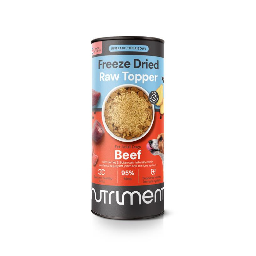 A cylindrical container of Freeze Dried Topper - Beef 50g for adult dogs shown against a white background.