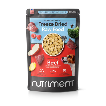 Freeze Dried Food - Beef 225g with beef, apple, broccoli & berries; happy dog featured on the package front.
