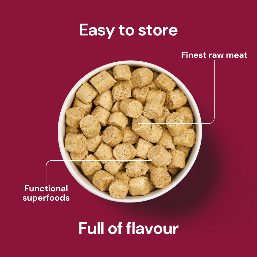 A bowl of Freeze Dried Food - Beef 225g kibble labeled "Functional superfoods" on a red background.