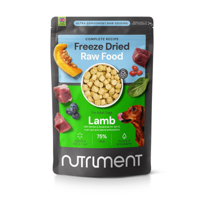 Freeze Dried Food - Lamb 225g bag with images of fruit, veggies, and a dog on the front.