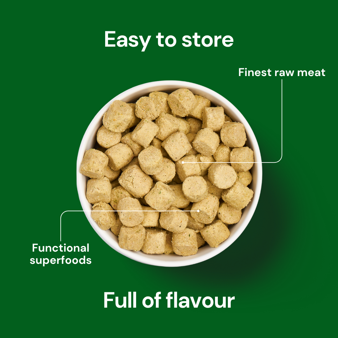 Freeze Dried Food - Lamb 225g cubes in a bowl on green background, showcasing the freeze drying process.