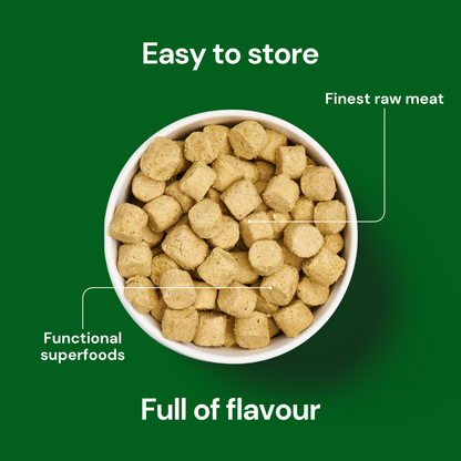 Freeze Dried Food - Lamb 225g cubes in a bowl on green background, showcasing the freeze drying process.