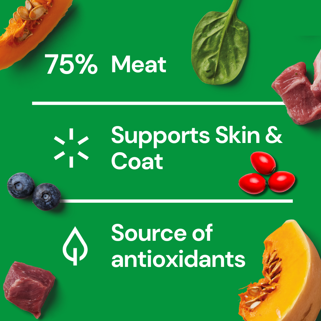 Green background with Freeze Dried Food - Lamb 225g, pumpkin, berries; text: 75% Meat, Source of antioxidants.