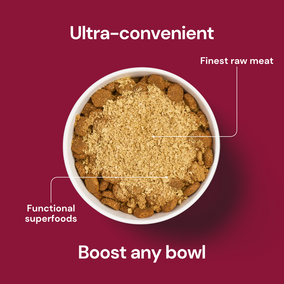 A bowl of Freeze Dried Topper - Beef 50g with labeled layers: "Functional superfoods" and "Finest beef".