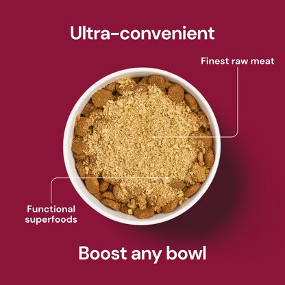 A bowl of Freeze Dried Topper - Beef 50g with labeled layers: "Functional superfoods" and "Finest beef".
