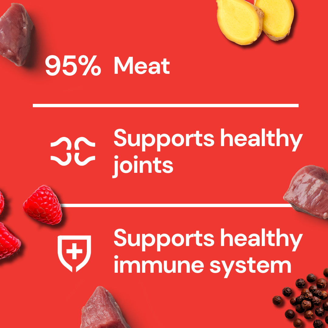 Red background with "95% Meat"—Freeze Dried Topper - Beef 50g: beef, raspberries, ginger. Complete pet food.