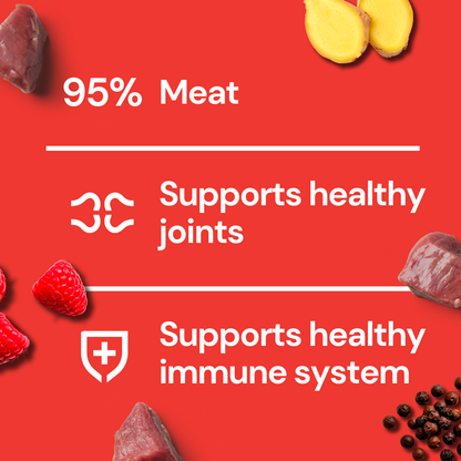 Red background with "95% Meat"—Freeze Dried Topper - Beef 50g: beef, raspberries, ginger. Complete pet food.