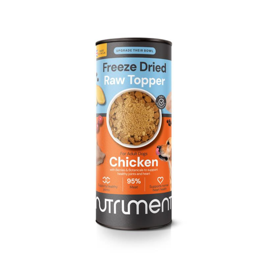 A tube of Freeze Dried Topper - Chicken 50g for adult dogs, with visible kibble inside.