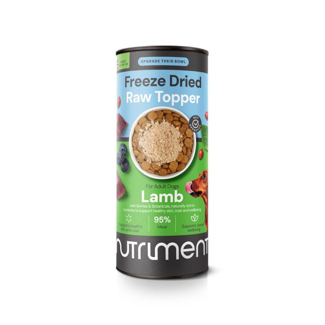 A 50g pack of Freeze Dried Topper - Lamb for adult dogs, made with 95% meat.