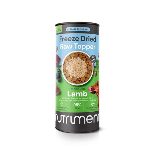 A 50g pack of Freeze Dried Topper - Lamb for adult dogs, made with 95% meat.