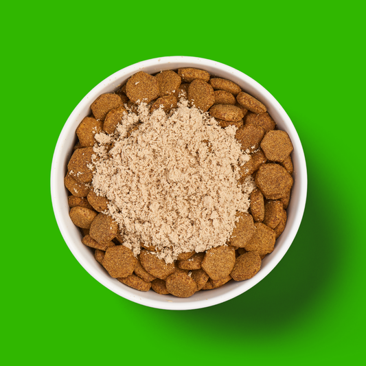 Freeze Dried Topper - Lamb 50g dry food bowl highlights freeze dried lamb benefits on a bright green background.