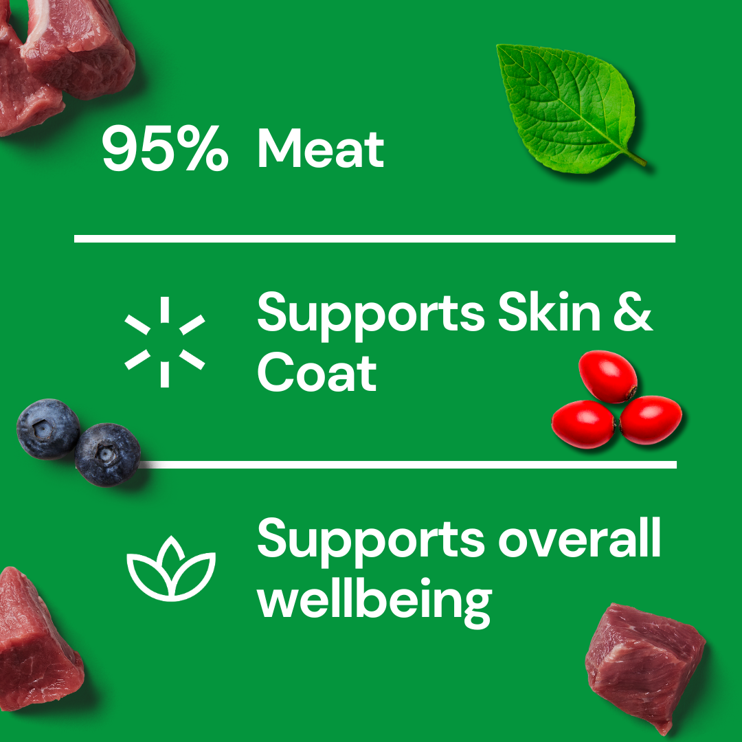 Green background with Freeze Dried Topper - Lamb 50g, berries, text: "95% Meat. Supports Skin & Coat.
