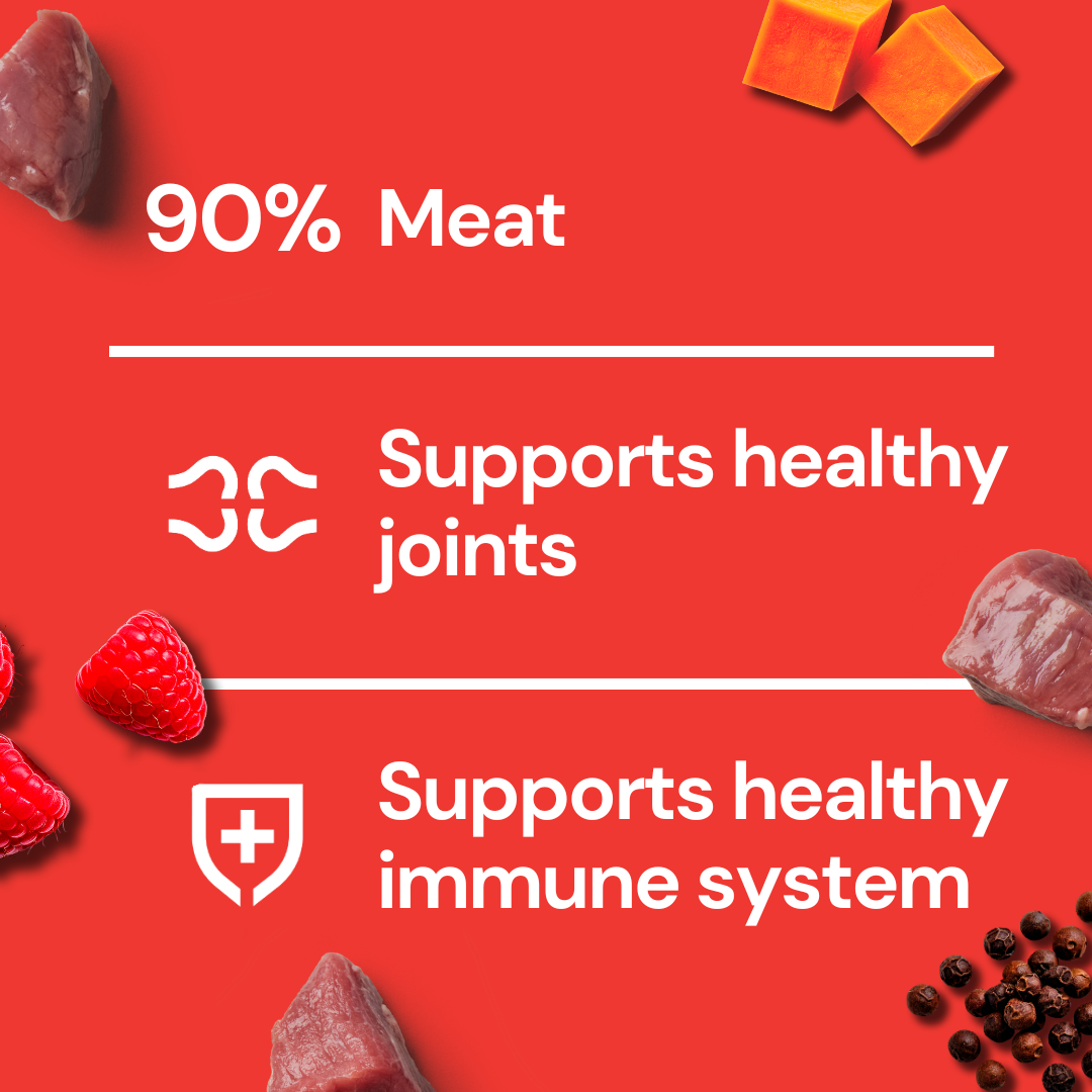 Red graphic with "90% Meat" and icons: Freeze Dried Treats - Beef 30g supports joints & immune health.