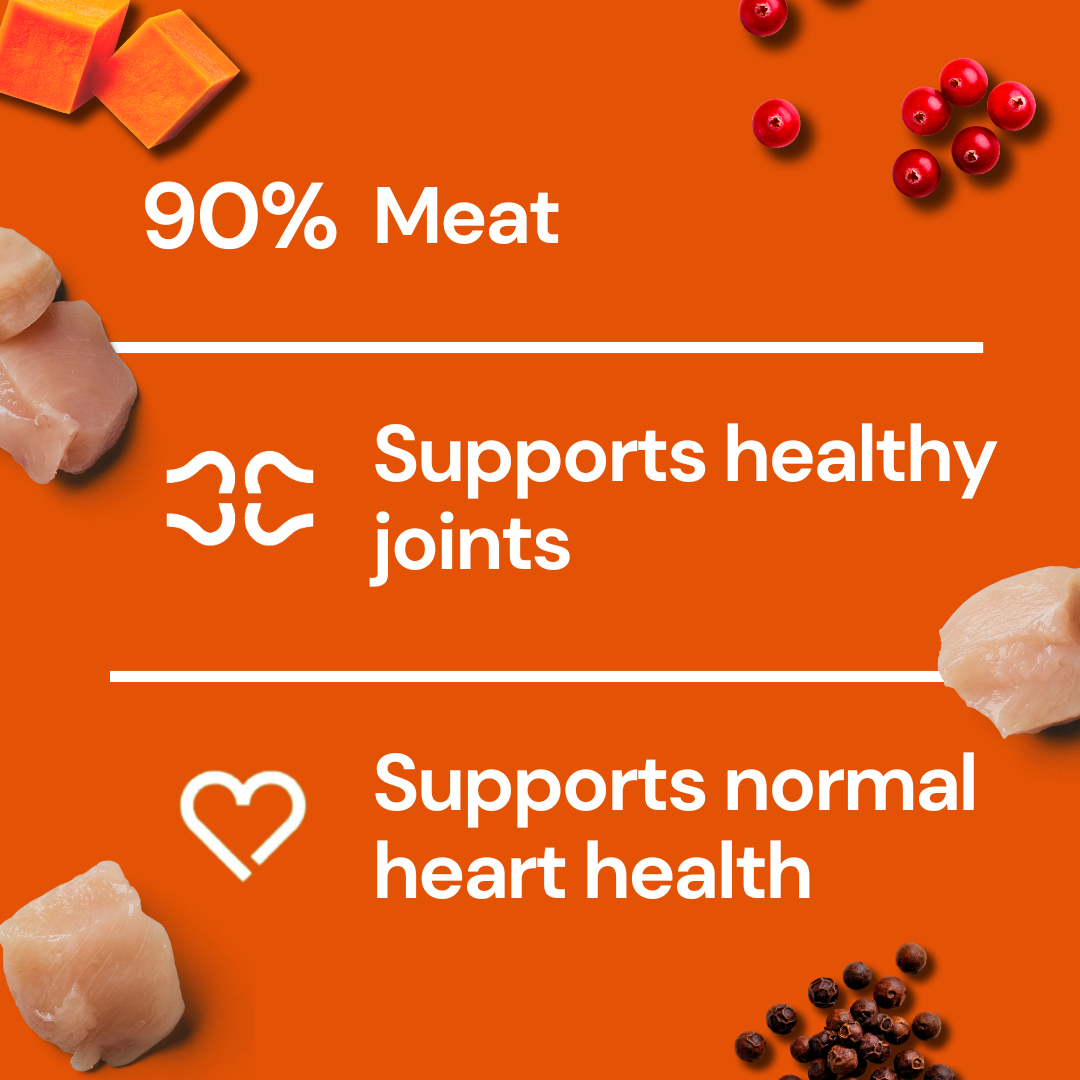 Orange backdrop, meat, berries & icons; Freeze Dried Treats - Chicken 30g: 90% meat for healthy joints & heart.