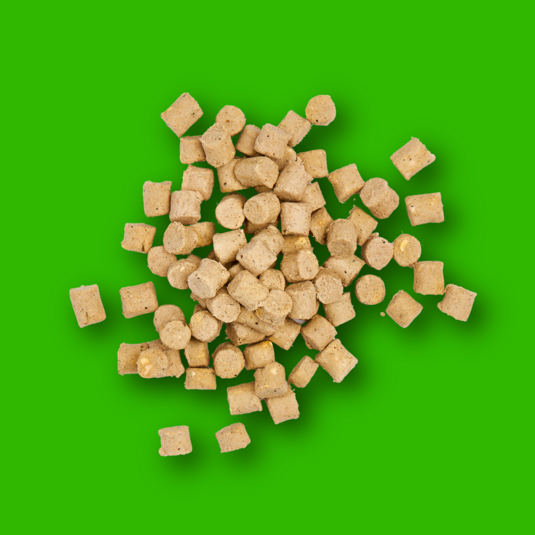 Freeze Dried Treats - Lamb 30g: small brown kibble piled on a bright green background.