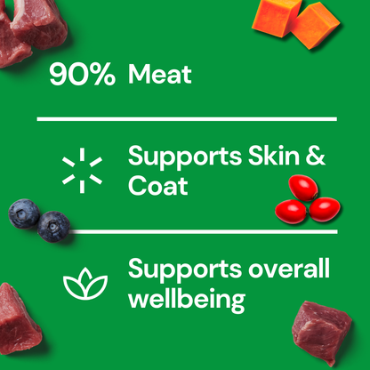 Green background with meat, berries, and text: “Freeze Dried Treats - Lamb 30g. 90% lamb. Supports skin & coat.”.