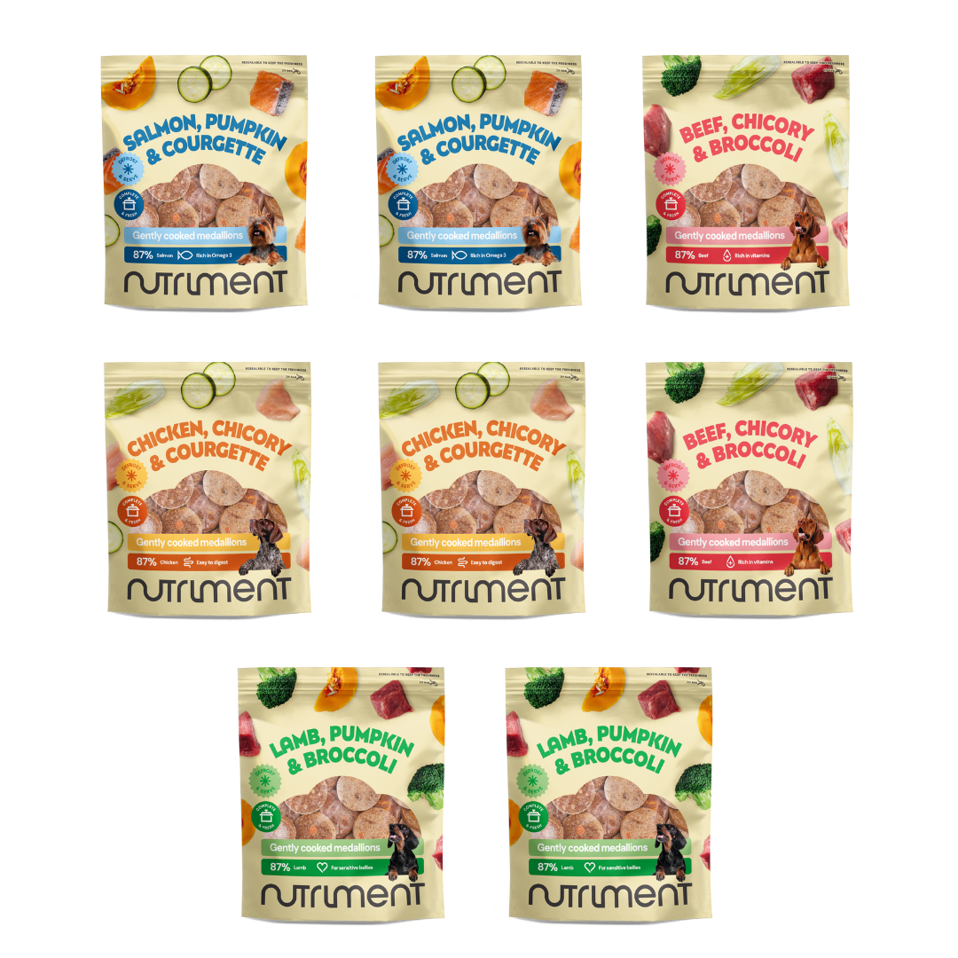 Eight Fresh Medallion Bundle (8 x 800g) packs arranged on a white background in assorted flavors.