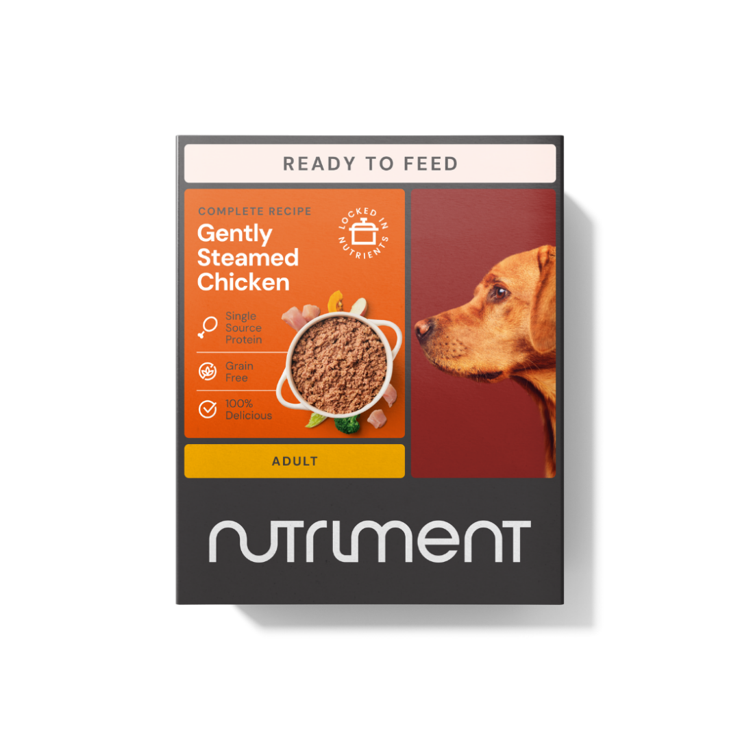 Gently Steamed Chicken 395g—complete dog nutrition in a box with a dog and food image on the packaging.