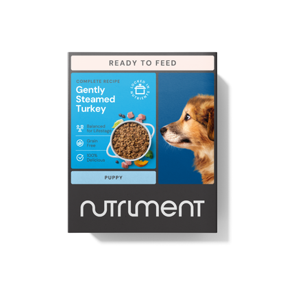 Puppy Gently Steamed Turkey 395g—an easy-to-store raw alternative for dogs.