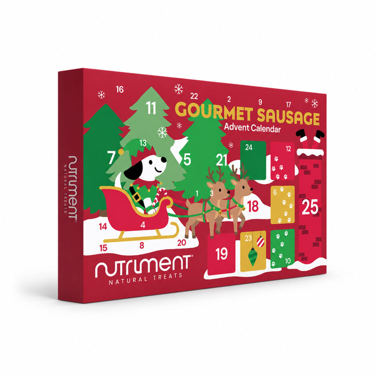 Gourmet Sausage Advent Calendars 2026 featuring a dog in a reindeer sleigh with numbered gourmet sausage compartments.