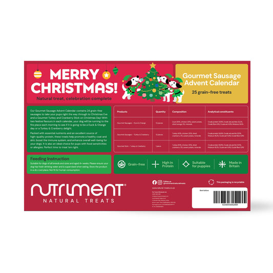 Gourmet Sausage Advent Calendars 2026 for dogs with product details, ingredients, feeding instructions, and a barcode.