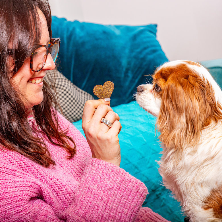 Woman seated on the couch holding a 250g Chicken Gourmet Love Bites heart-shaped treat for her small dog.