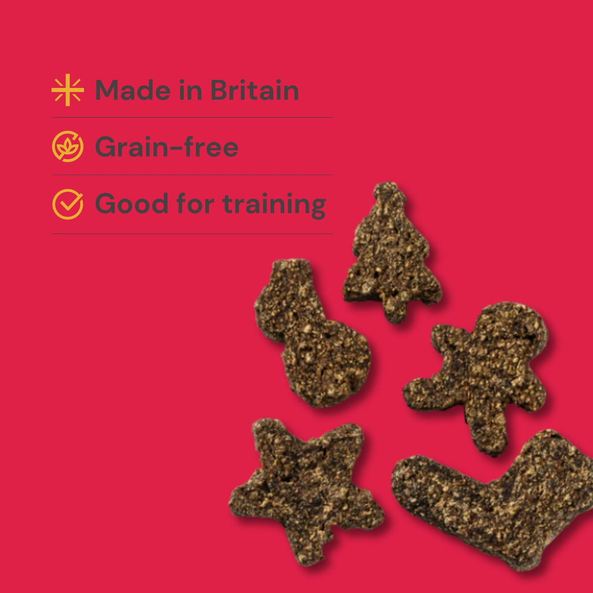 Five Gourmet Merry Mix 150g dog treats with icons for Made in Britain, grain-free, and training benefits.
