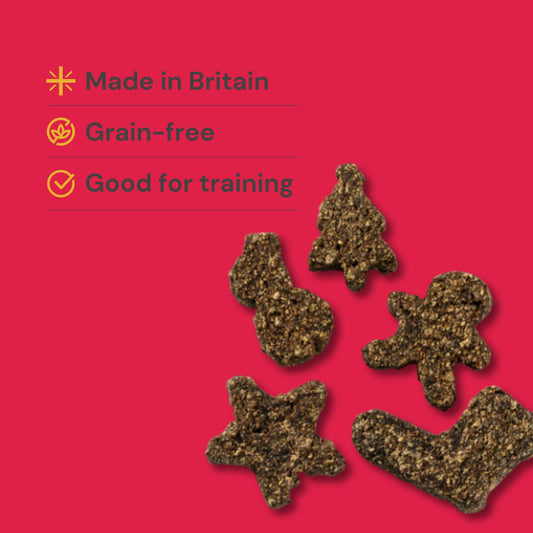 Five Gourmet Merry Mix 150g dog treats with icons for Made in Britain, grain-free, and training benefits.