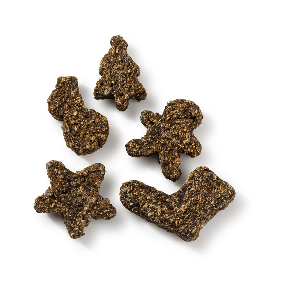 Five dark, textured Gourmet Merry Mix 150g dog treats: tree, snowman, star, gingerbread man, and stocking.
