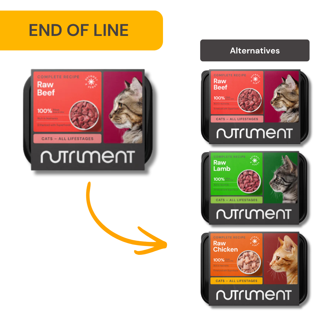 Cat Beef Dinner 175g is ending; try Nutriment's natural Raw Lamb, Chicken, or Turkey cat food instead.