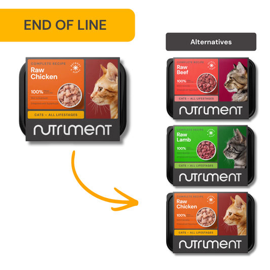 End of line high protein cat food: Raw Beef, Raw Lamb, and Cat Chicken Dinner 175g available.
