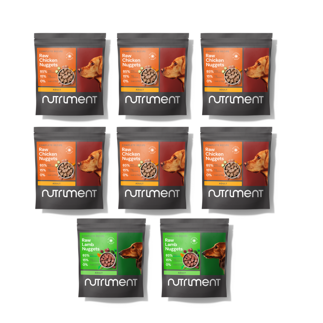 Eight 8kg Adult Nugget Starter Packs with raw chicken and lamb options for your dog.