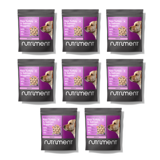 Eight packs of 8kg Senior Nugget Starter Pack arranged in two rows on a white background.
