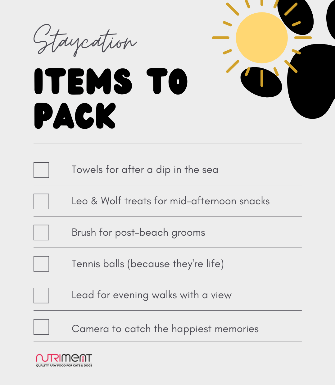 Packing list with items like towels, treats, brush, tennis balls, lead, and a camera; sun and cloud design at the top.