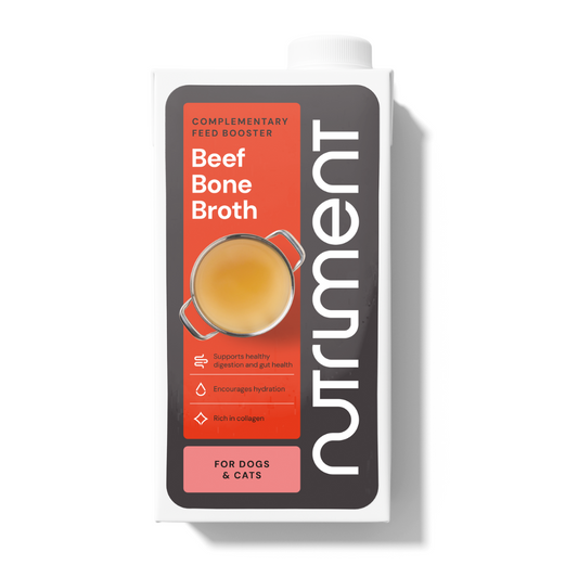 Beef Bone Broth 500ml for dogs and cats, supports healthy digestion. Box shows a bowl illustration.