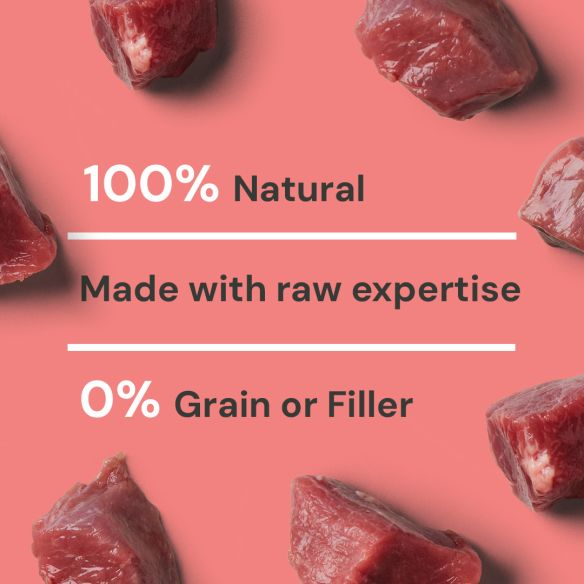 Cat Beef Dinner 175g on a pink background: "100% Natural, Raw Expertise, 0% Grain or Filler.