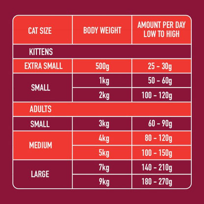 Chart of Cat Beef Dinner 175g portions: kittens (XS-S) & adults (S-L), focused on essential amino acids.