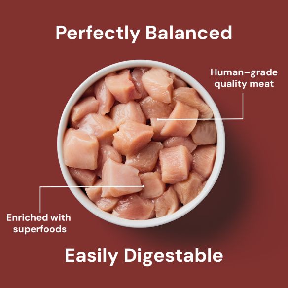 Cat Chicken Dinner 175g: Diced high-quality chicken on red background, labeled "Human-grade" & "Feline Health Enriched".