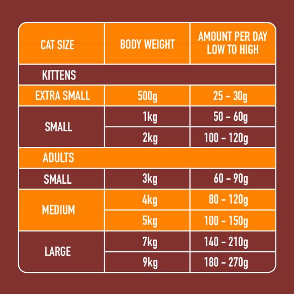 Cat feeding guide: kittens (XS-S) & adults (S-L) on Cat Chicken Dinner 175g for feline health.