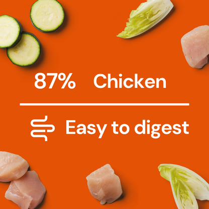 Chunks of chicken, zucchini & endive. Fresh Medallions - Chicken 800g: 87% Chicken, highly digestible dog food.