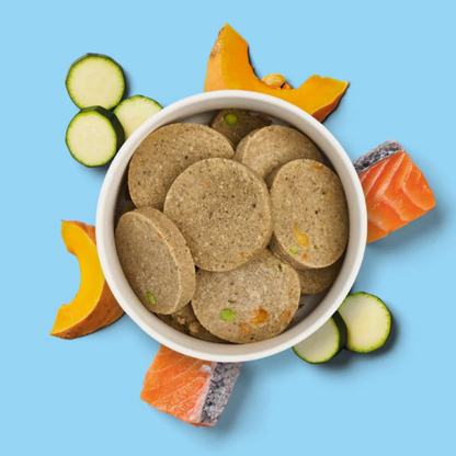 Fresh Medallions - Salmon 800g served in a bowl with zucchini and pumpkin slices on a blue background.