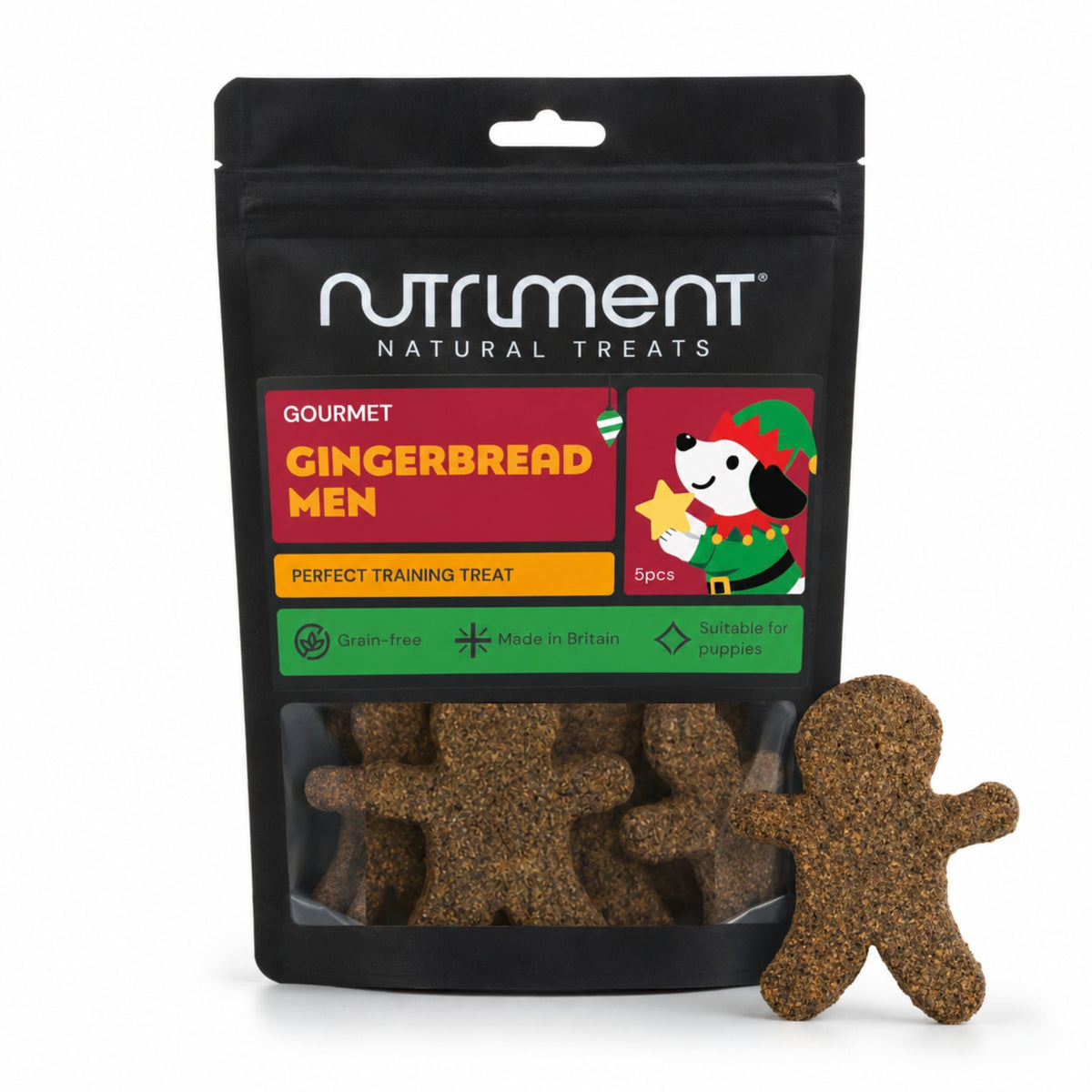 Five Gourmet Gingerbread Men 5pcs treats in front of their resealable black product pouch.