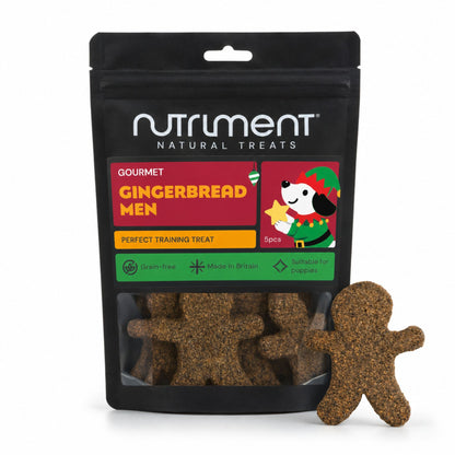 Five Gourmet Gingerbread Men 5pcs treats in front of their resealable black product pouch.