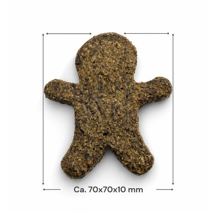 A textured, gingerbread man-shaped Gourmet Gingerbread Men 5pcs treat with dimension markers reading “Ca. 70x70x10 mm”.