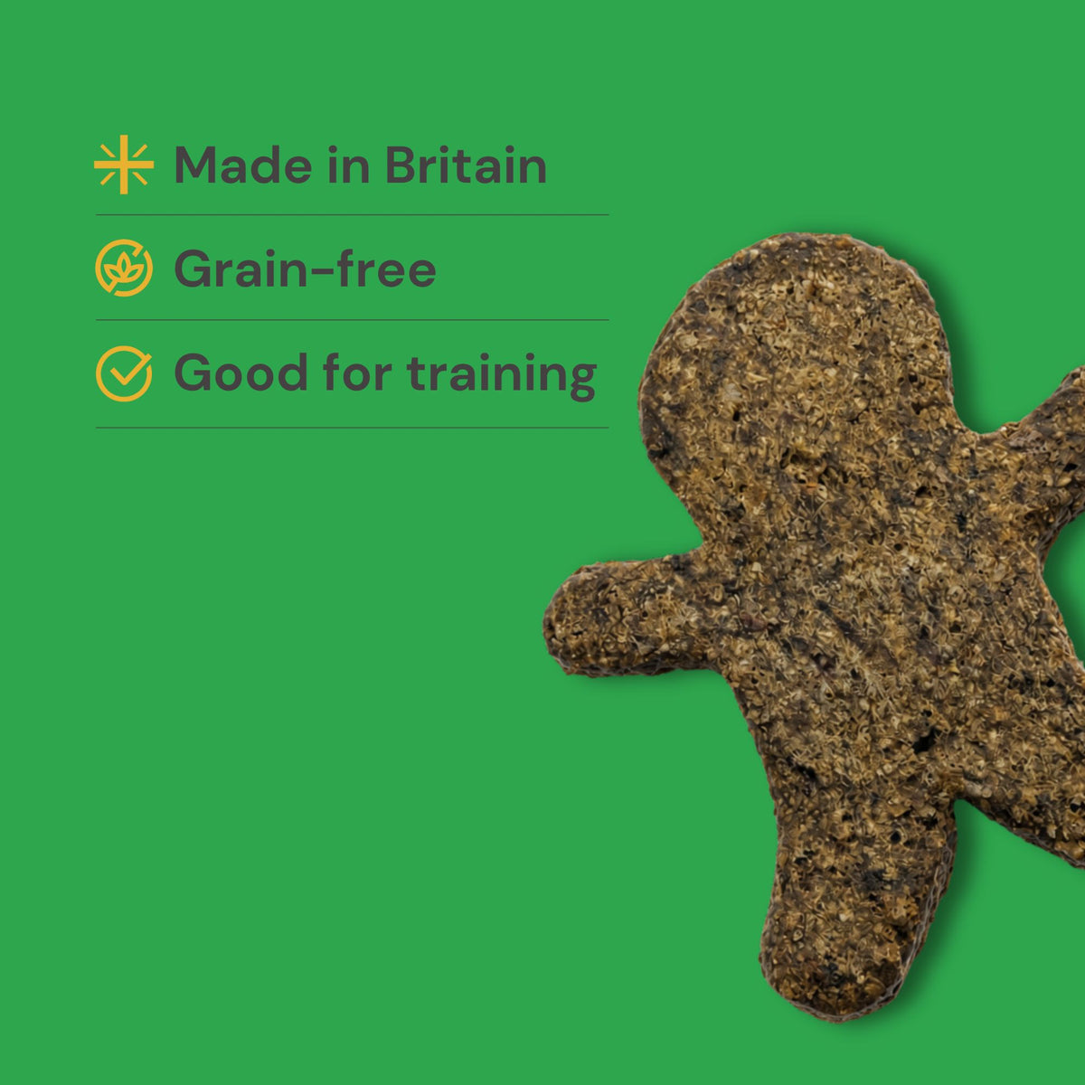 Gourmet Gingerbread Men 5pcs: a grain-free, gingerbread man-shaped dog treat made in Britain, perfect for training.