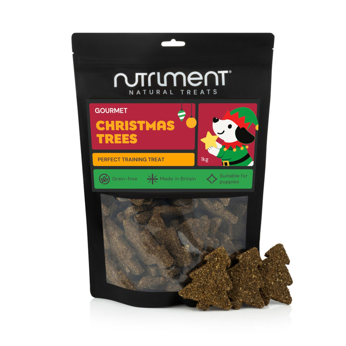 Gourmet Christmas Trees 5pcs stand-up pouch featuring tree-shaped dog treats and an elf dog holding a star.