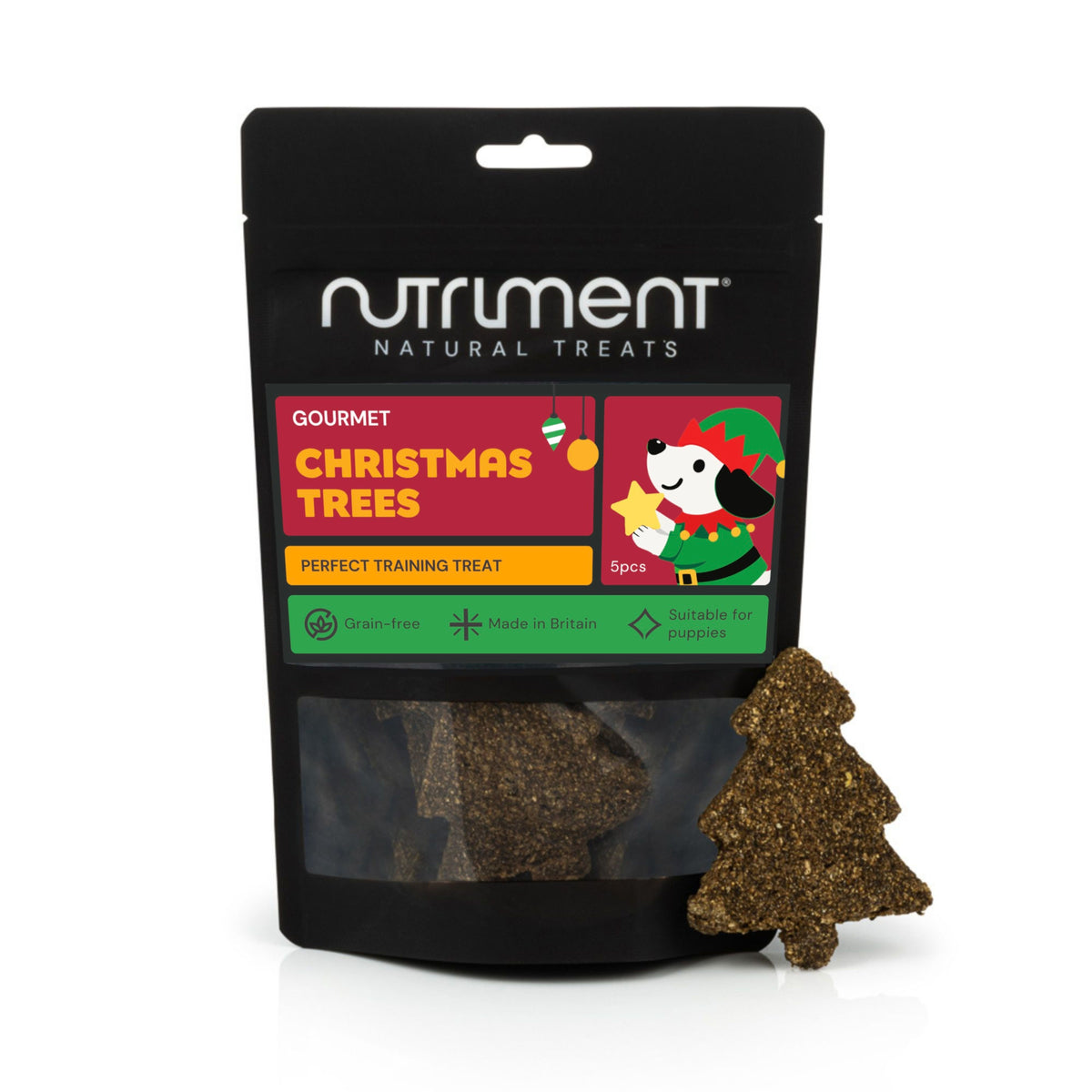 Black bag of Gourmet Christmas Trees 5pcs shaped like trees, featuring a cartoon dog illustration on the label.
