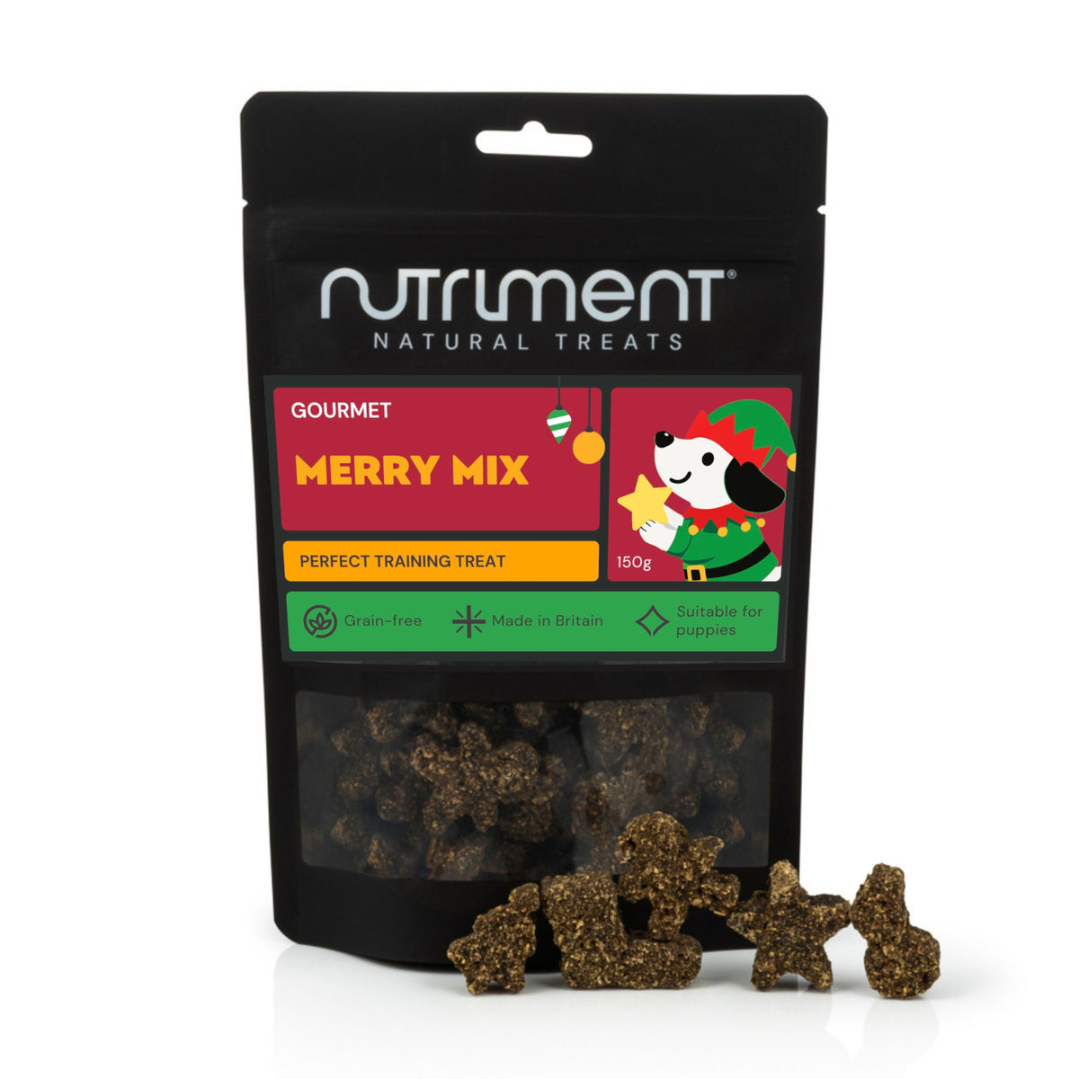 Stand-up pouch of Gourmet Merry Mix 150g star and gingerbread-man grain-free dog treats with a festive elf-dog label.