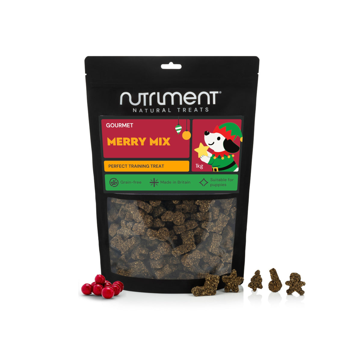 A bag of Gourmet Merry Mix 150g grain-free dog treats with a window showing star, tree, and gingerbread-shaped biscuits.